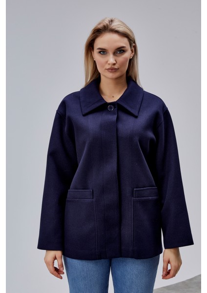 Camille Lacivert Oversize Cep Detaylı Astarlı Kaşe Ceket