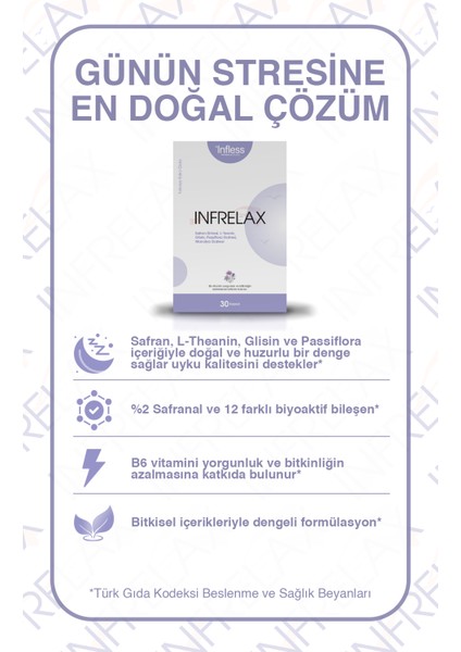 Infrelax – Safran, L-Theanin, Glisin, Passiflora, Manolya içeren Bitkisel Içerikli 30 kapsül modelleri