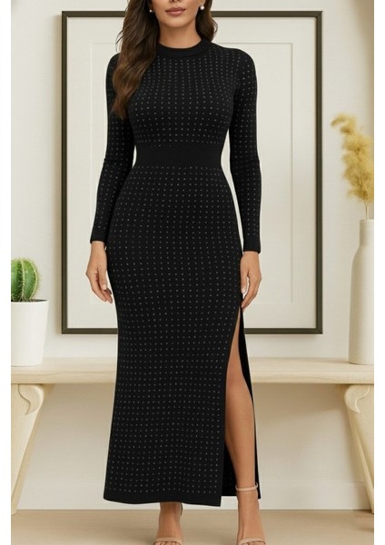 Kadın Uzun Kollu Bisiklet Yaka Taşlı Midi Kadife Elbise