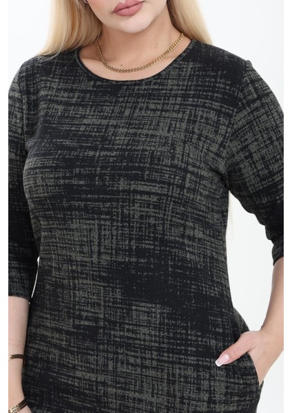 Çift Cepli Desenli Esnek Kışlık Büyük Beden Midi Elbise 38D-2752 modelleri