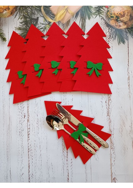 Kırmızı 6 Adet Dekoratif Çam Ağacı Peçetelik Çatal Kaşıklık Keçe Yılbaşı Süsü modelleri