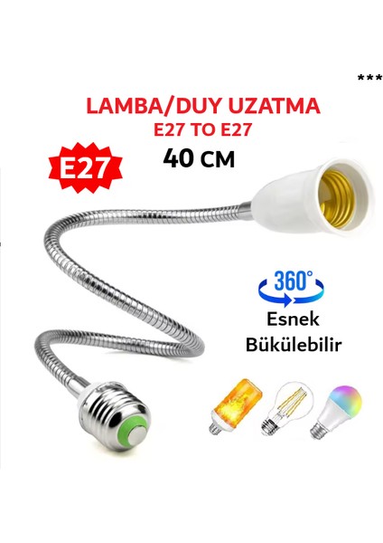 Lamba / Duy Uzatma 40 cm Metal 360 Derece Esnek Bükülebilir E27 To E27