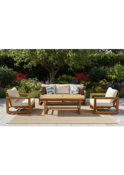 Liverno Masif Ahşap Iroko Ağacı Oturma Grubu Bahçe Balkon Koltuk Takımı 3+1+1+ Masa