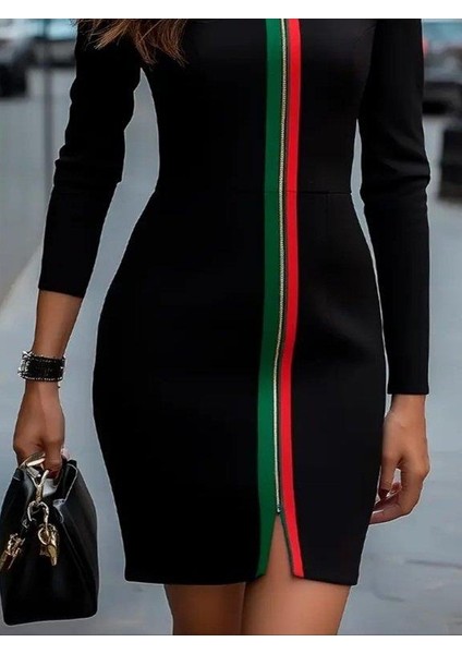 Kadın Uzun Kollu Önden Tam Boy Fermuarlı Renkli Şerit Detaylı Viskon Iki Iplik Mini Elbise modelleri