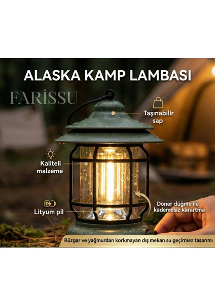 Alaska Retro Şarjlı Kamp Lambası - Ipx4 Su Geçirmez, Dimmer Ayarlı, 1200MAH LED Fener modelleri