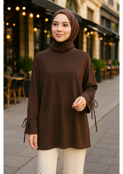 Manşeti ve Beli Bağcık Detay Sweat Tunik 3066 Kahve