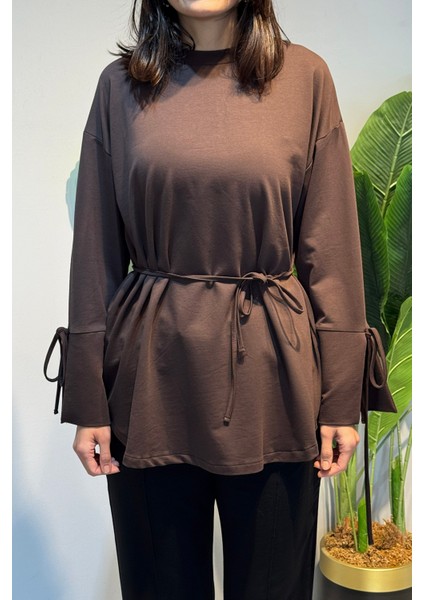 Manşeti ve Beli Bağcık Detay Sweat Tunik 3066 Kahve modelleri