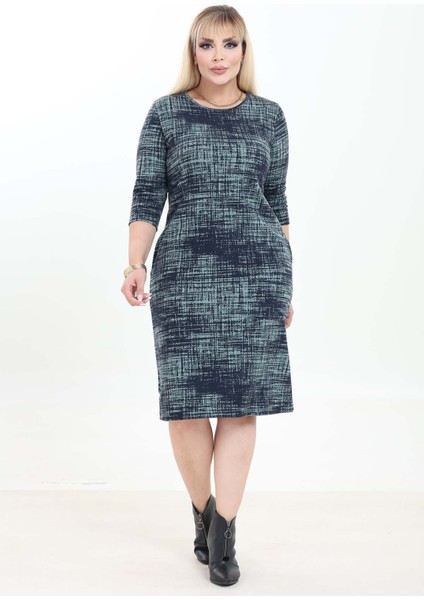 Çift Cepli Desenli Esnek Kışlık Büyük Beden Midi Elbise 24C-2759