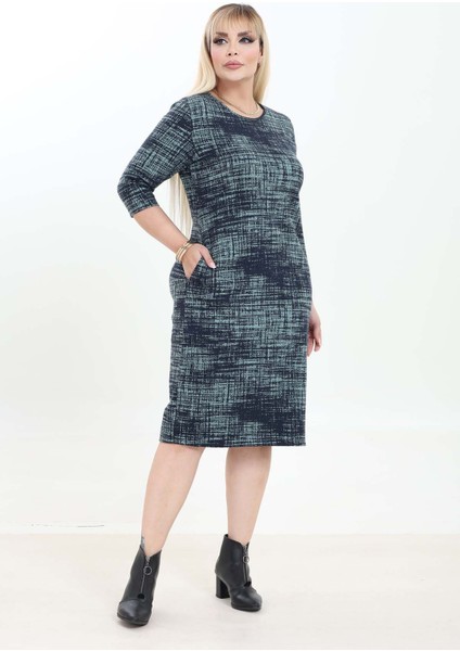 Çift Cepli Desenli Esnek Kışlık Büyük Beden Midi Elbise 24C-2759 modelleri