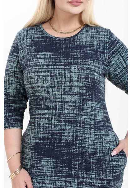 Çift Cepli Desenli Esnek Kışlık Büyük Beden Midi Elbise 24C-2759 fırsatları