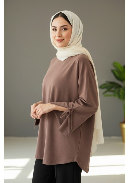 Manşeti ve Beli Bağcık Detay Sweat Tunik 3066 Vizon