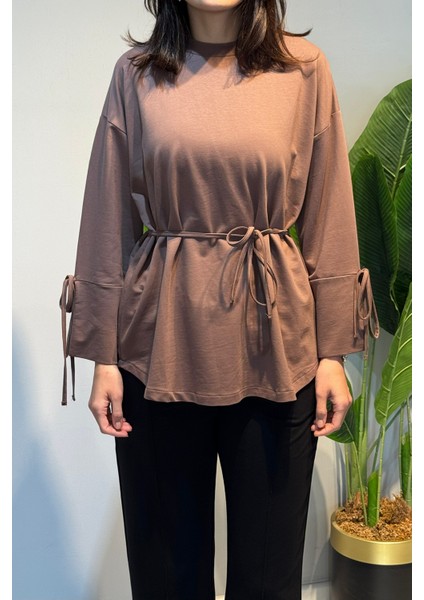 Manşeti ve Beli Bağcık Detay Sweat Tunik 3066 Vizon fiyatları