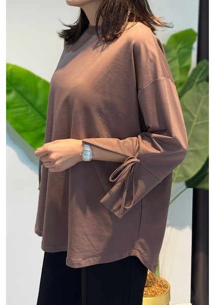 Manşeti ve Beli Bağcık Detay Sweat Tunik 3066 Vizon modelleri