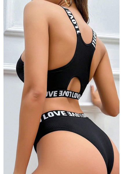 Kadın Siyah Çapraz Sırt ve Love Lastik Detaylı Sütyen Külot Takım fiyatları