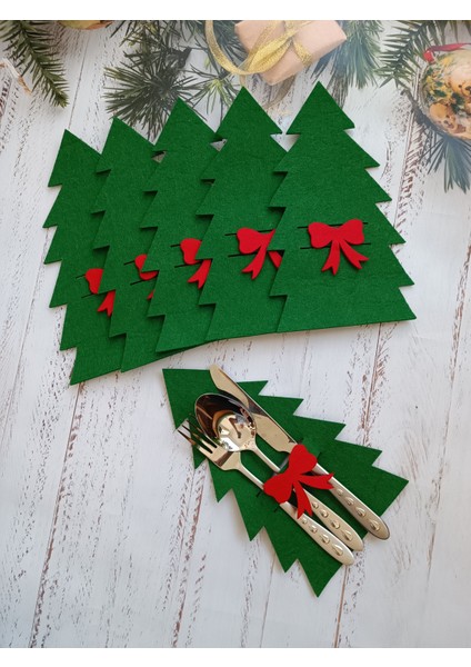 Yeşil 6 Adet Dekoratif Çam Ağacı Peçetelik Çatal Kaşıklık Keçe Yılbaşı Süsü