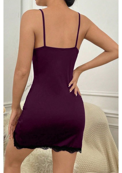 Kadın Mor Göğsü ve Bacakları Dantelli Yırtmaçlı Şık Gecelik fiyatları