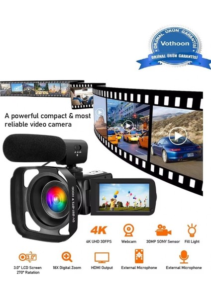 4K Vlog Dijital Video Kamera Wifi 48MP 16X Kaydedici Fotoğrafçılık 3.0"ıps Dokunmatik Ekran Mikrofon Çift Batarya