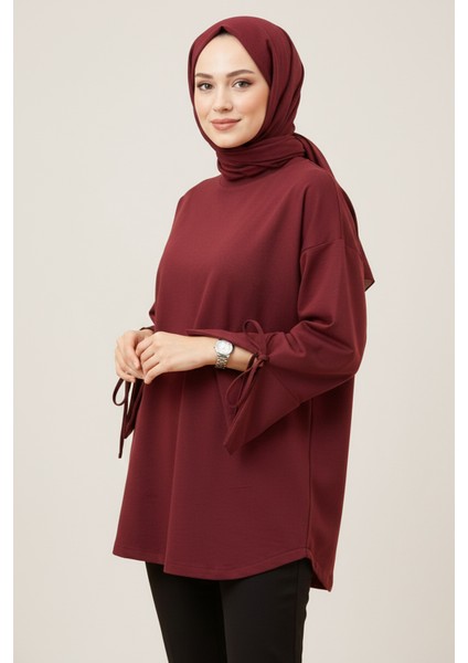 Manşeti ve Beli Bağcık Detay Sweat Tunik 3066 Bordo