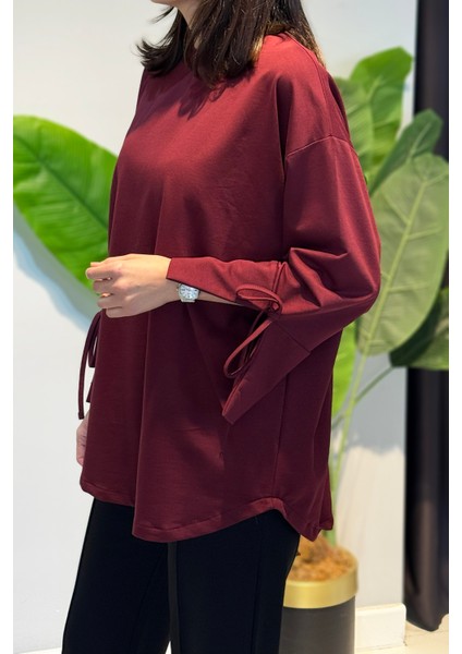 Manşeti ve Beli Bağcık Detay Sweat Tunik 3066 Bordo fiyatları