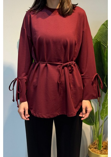 Manşeti ve Beli Bağcık Detay Sweat Tunik 3066 Bordo modelleri