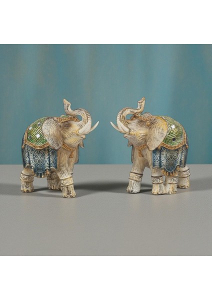 Lüks Ayna ve Nakış Işlemeli Feng Shui 2’li Fil Biblo Heykel Seti 11 cm - Yeni Yıl Ev & Ofis Hediyesi