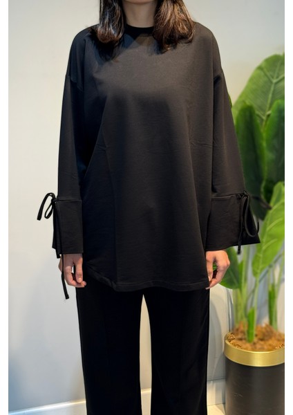 Manşeti ve Beli Bağcık Detay Sweat Tunik 3066 Siyah fırsatları