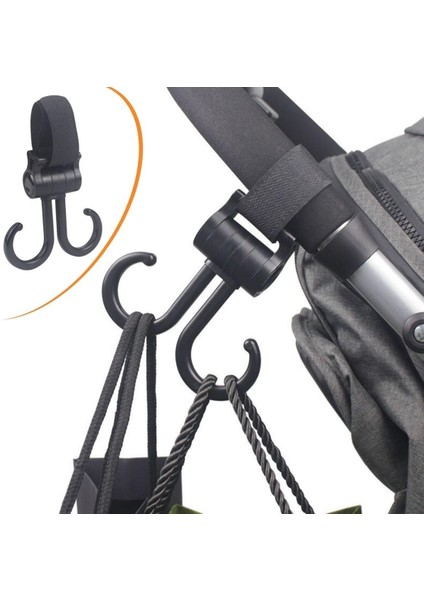 Mytechcat® 2li Bebek Arabasına Uyumlu Cırtlı Eşya Taşıma Aparatı 360 Derece Dönebilen Plastik Kanca