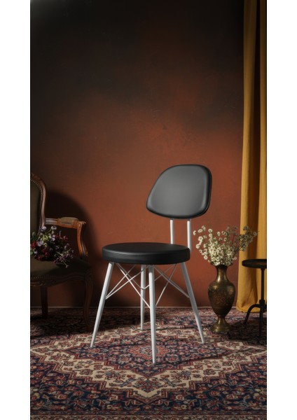 Kav Mutfak Sandalyesi, Yemek, Bahçe, Kafe, Modern Sandalye - Siyah Deri, Beyaz Gövde