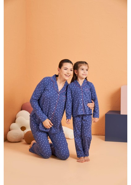 Kadın Anne-Kız Kalpli Önden Düğmeli Gömlek Yaka Uzun Kollu Pijama Takım modelleri