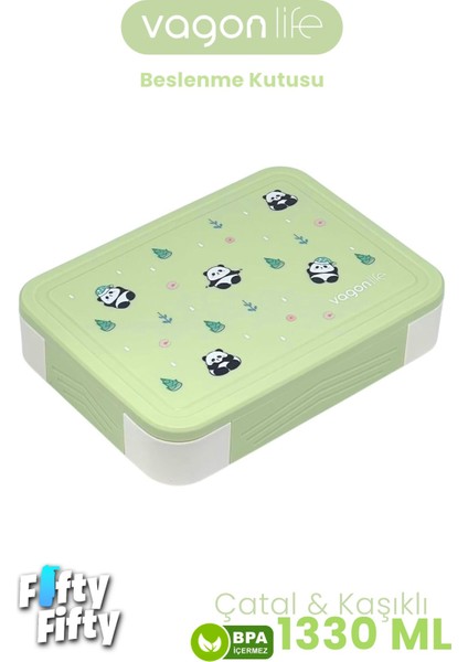 1330 ml Tek Kat 6 Bölme Çocuk Beslenme Kutusu Çatal / Kaşık / Sos Kaseli -FFB1265