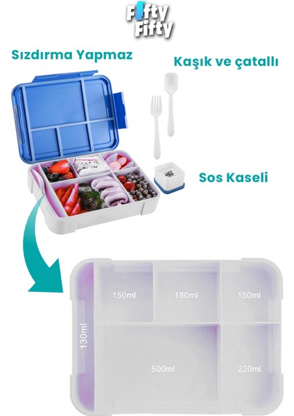 1330 ml Tek Kat 6 Bölme Çocuk Beslenme Kutusu Çatal / Kaşık / Sos Kaseli -FFB1265 fiyatları