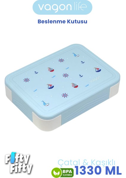 1330 ml Tek Kat 6 Bölme Çocuk Beslenme Kutusu Çatal / Kaşık / Sos Kaseli -FFB1265