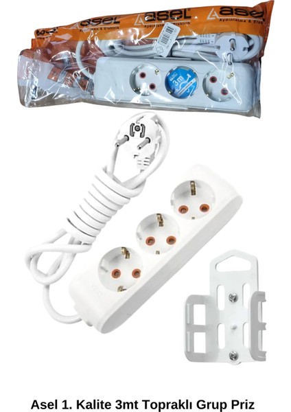 3 Metre Askı Aparatlı Topraklı 3lü Grup Priz ROYALEKS-AST303