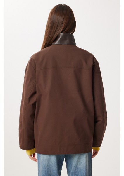 Kontrast Deri Yaka Detaylı Gabardin Ceket LFN0139 Kahverengi