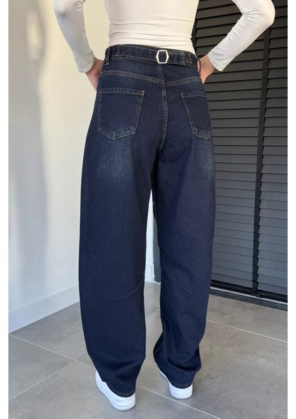 Kadın Yüksek Bel Kemer Detaylı Bol Kesim Jean Kot Pantolon P-00019660 fırsatları