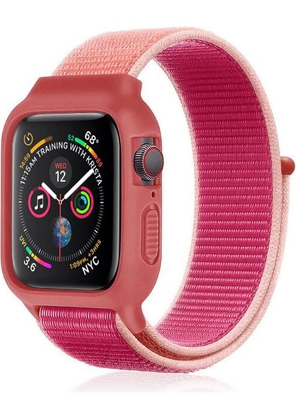 Apple Watch 38MM Hasırlı Cırtcırtlı Kasalı Kordon - Pudra