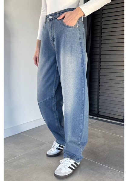 Kadın Yüksek Bel Kemer Detaylı Bol Kesim Jean Kot Pantolon P-00019660