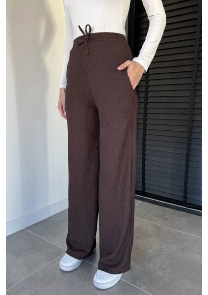 Kadın Bel Lastikli Kendinden Çizgi Desenli Palazzo Pantolon P-00019663