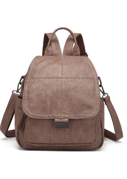 Barcelona Çok Cepli Kapak Detaylı Günlük Orta Boy Kadın Sırt Çantası Açık Vizon