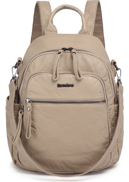 Barcelona Orta Boy Çok Cepli Omuz Askılı Spor ve Günlük Kadın Sırt Çantası Açık Vizon