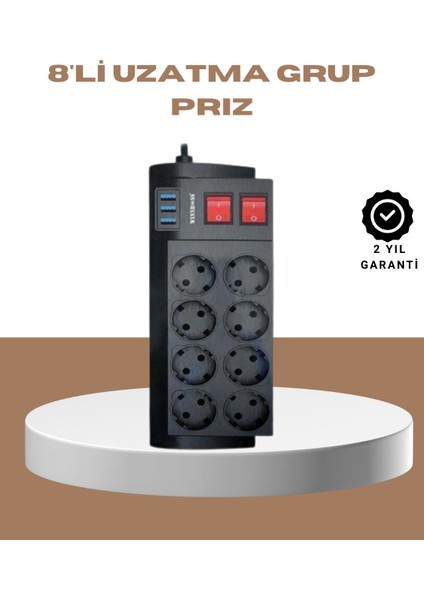 Güçlü Termal Korumalı 8 Priz + 3 USB Çoklu Uzatma Kablosu 2m - MCT7954-3736