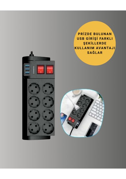 Güçlü Termal Korumalı 8 Priz + 3 USB Çoklu Uzatma Kablosu 2m - MCT7954-3736 fiyatları