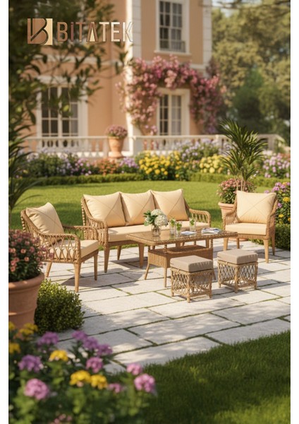 Milano Rattan Puflu Bahçe Balkon Takımı 3+1+1+Camlı Masa Kahve