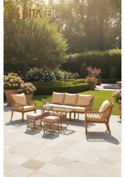 Milano Rattan Puflu Bahçe Balkon Takımı 3+1+1+Camlı Masa Kahve fiyatları