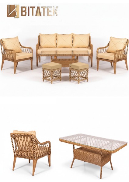 Milano Rattan Puflu Bahçe Balkon Takımı 3+1+1+Camlı Masa Kahve modelleri