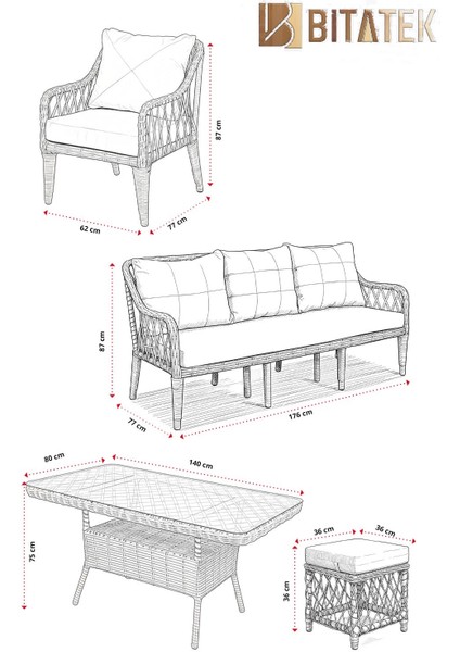 Milano Rattan Puflu Bahçe Balkon Takımı 3+1+1+Camlı Masa Kahve indirimleri