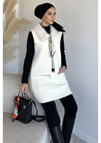 Gülseli Peluş Detaylı Fular Aksesuarlı Çift Cepli Tesettür Triko Yelek P-00019688