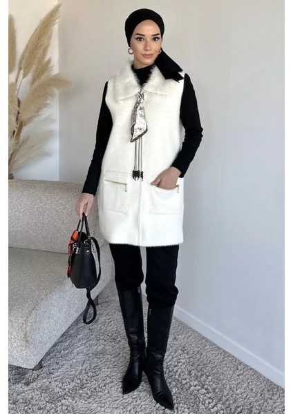 Gülseli Peluş Detaylı Fular Aksesuarlı Çift Cepli Tesettür Triko Yelek P-00019688 fiyatları