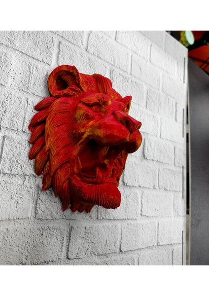 Dekoratif Asılabilir Aslan Başı 3D Duvar Heykeli Gold Red 20X21 cm - EMY8368-5811
