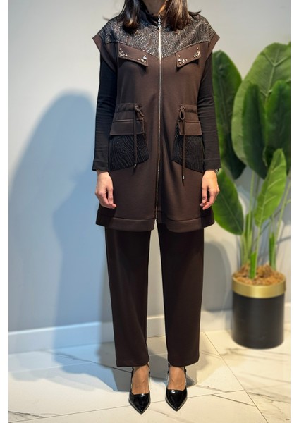 Kadın Yelek Pantolon Jakar Detay Takım 7303 Kahverengi modelleri